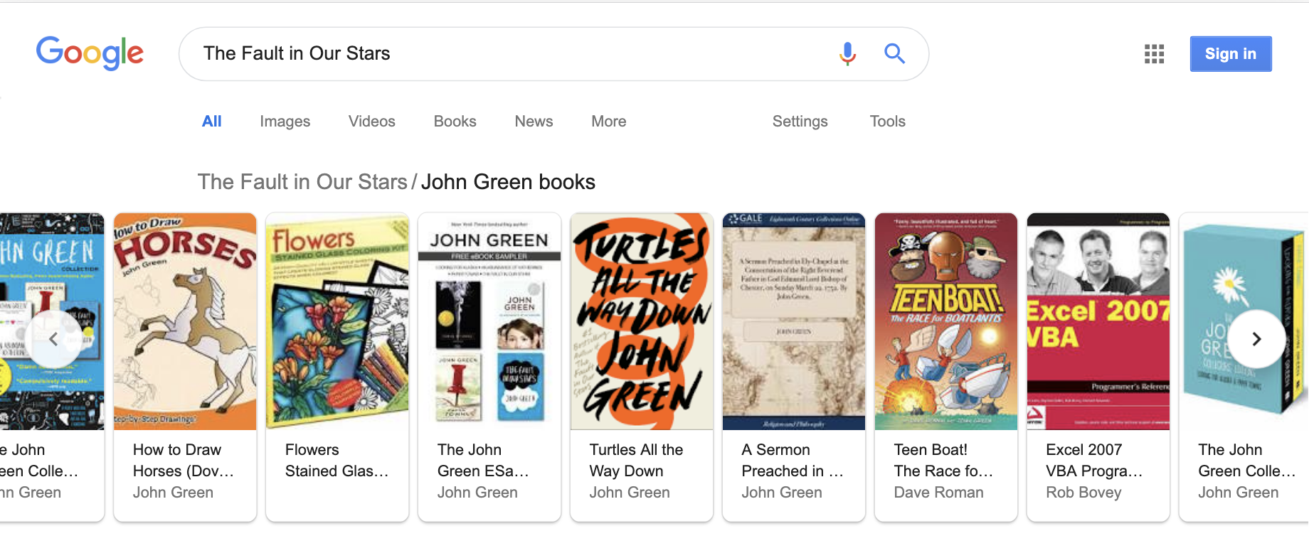 Screenshot of Google related books results containing authors of different areas with the same name
